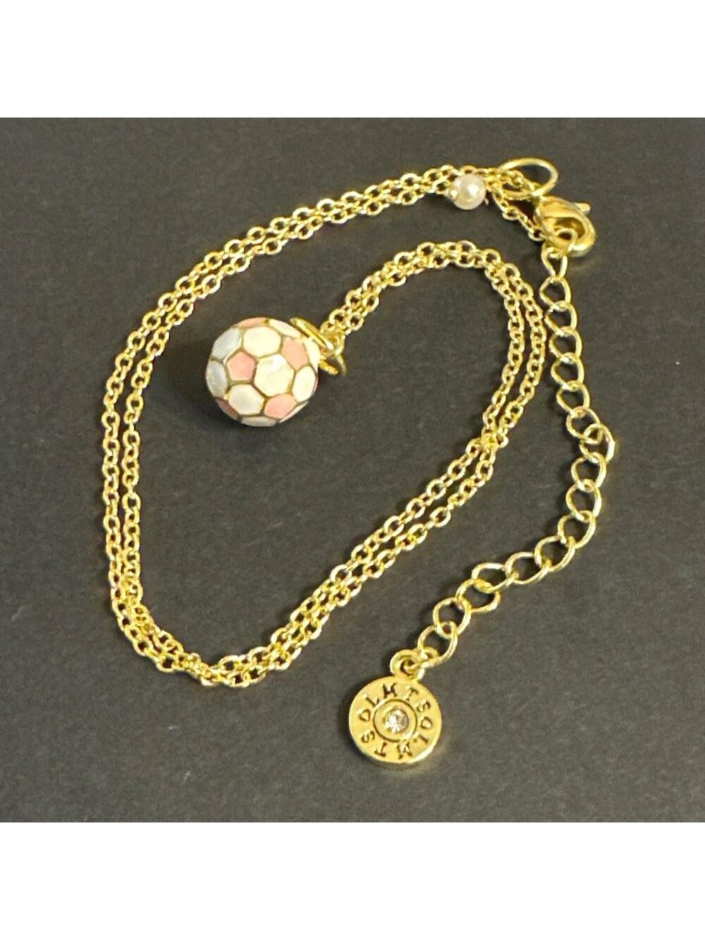 LMTS Necklace Enamel Soccer Ball Pendant Gold Tone Chain Pink White